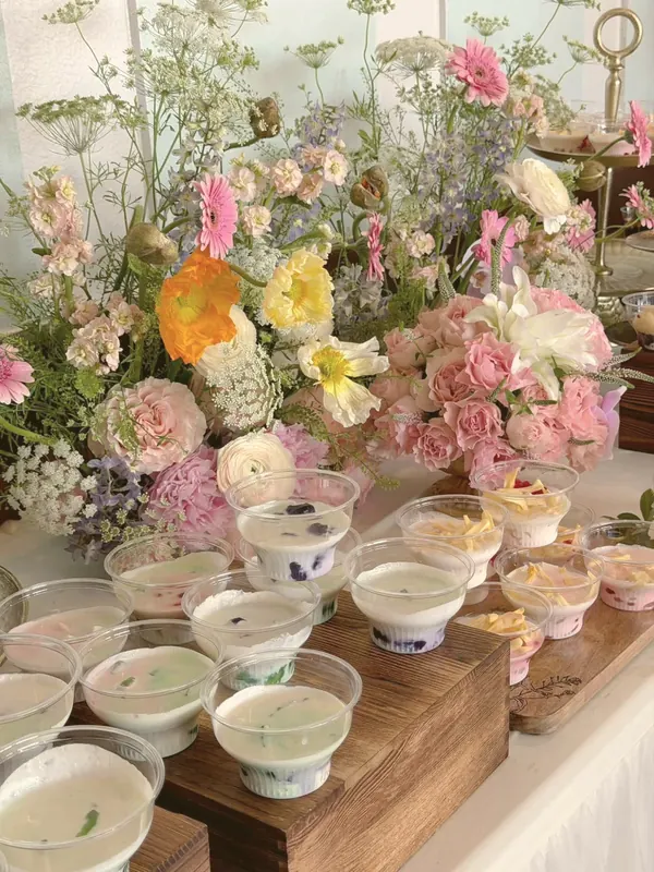 Dessert cups beneath poppies, peonies & Queen Anne’s lace