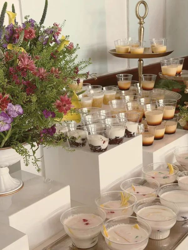 Flan & layered dessert cups with calla lilies