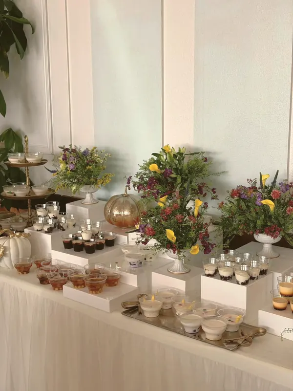 Autumn dessert table — callas, stock & glass pumpkins