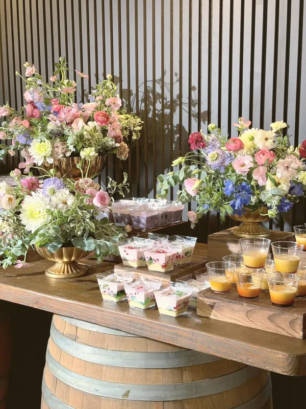 Garden florals over a wine-barrel dessert bar